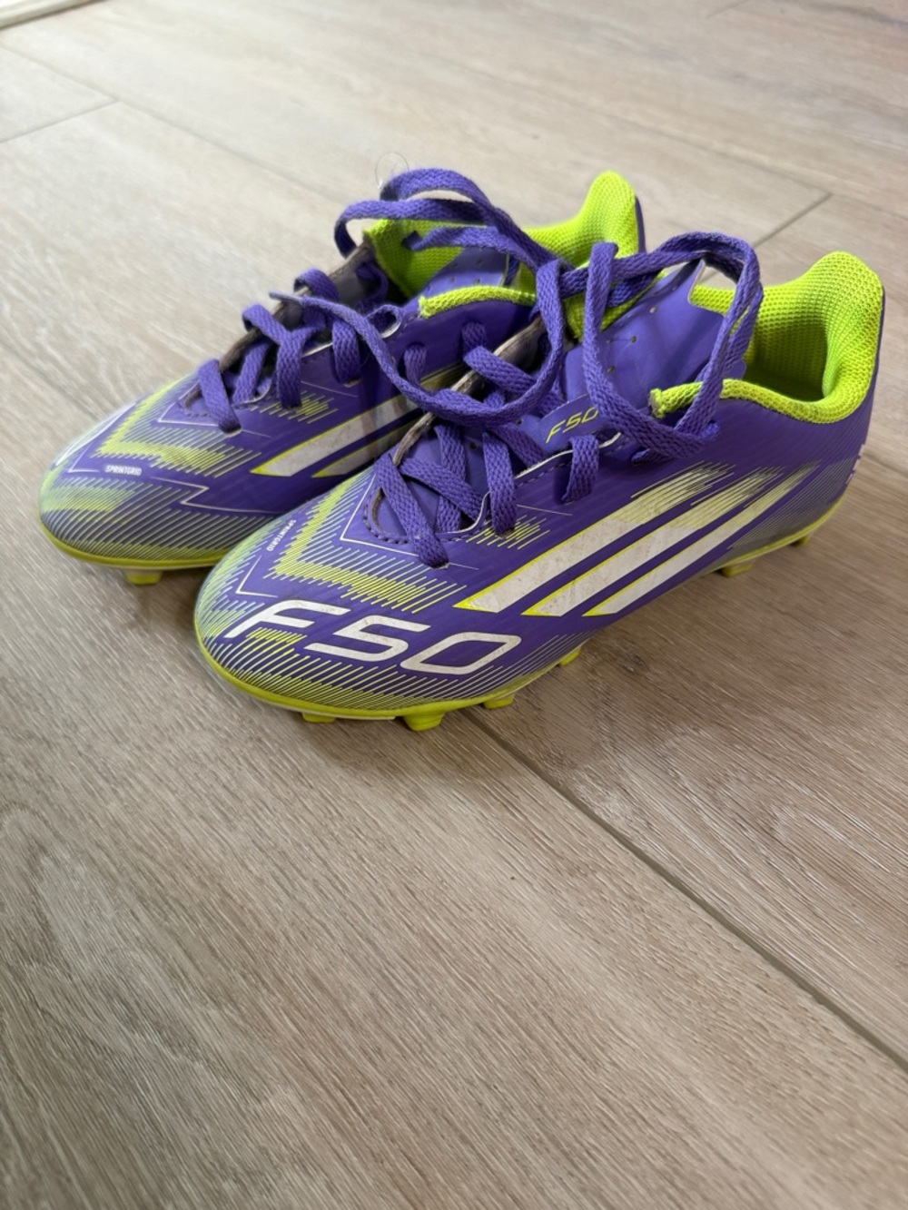 adidas F50 Kids Purple and Lime Green FG cleats